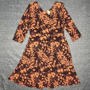 Pact Fit & Flare Organic Cotton Floral Dress Purple Orange V-Neck Pockets M